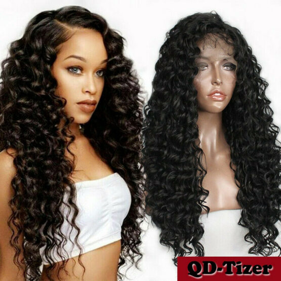 Women Long Black Kinky Curly Synthetic Lace Front Wigs Baby Hair Heat Resistant